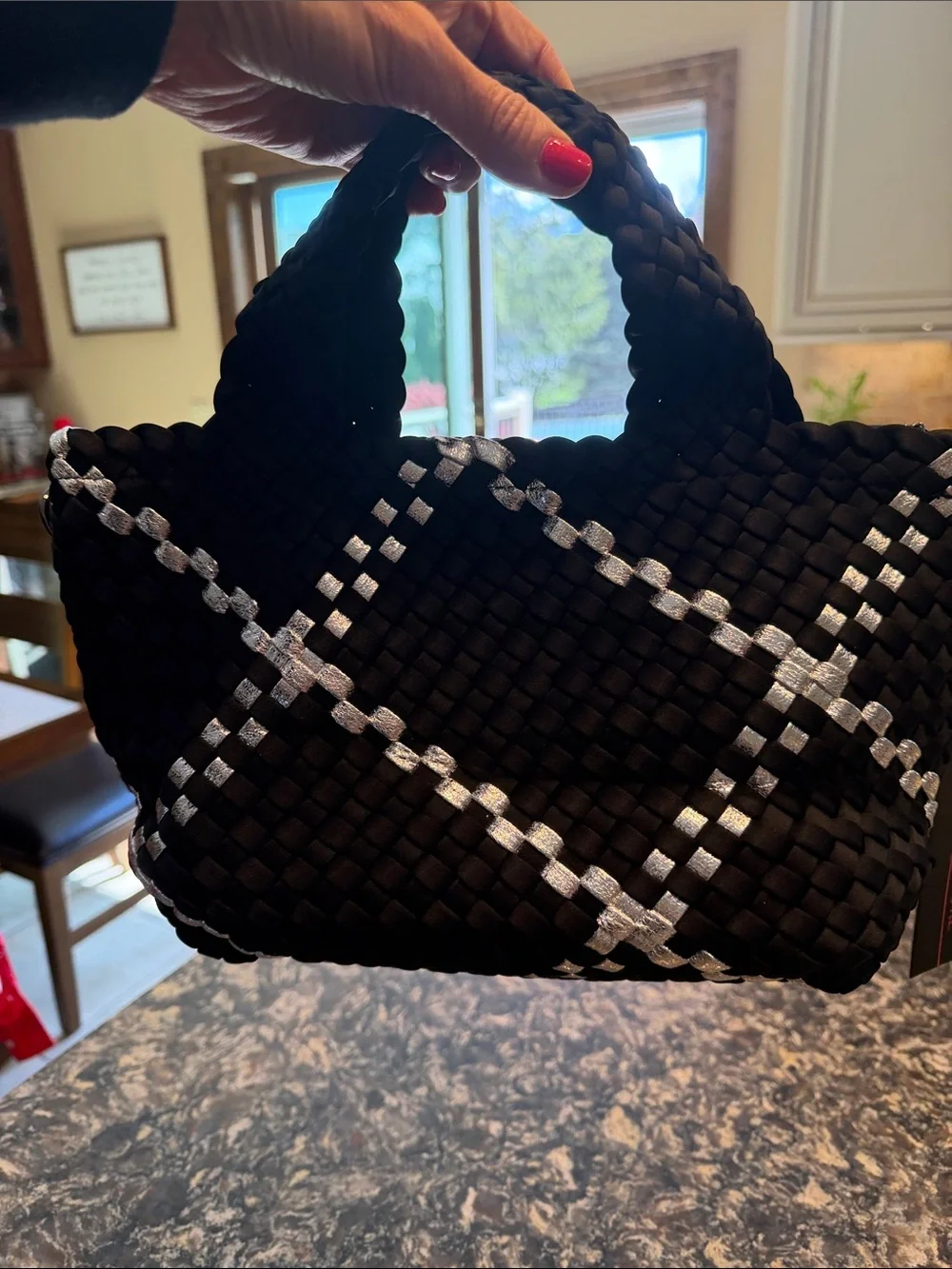 Haute Shore Woven Black Tote & Pouch with Silver Accent
